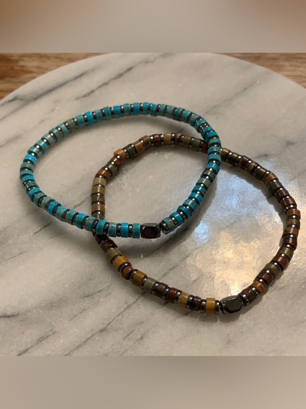 2 Natural Stone Beaded Bracelets. Turquoise and Tiger Eye.